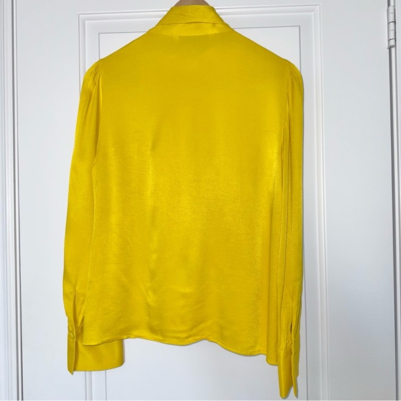 Zara yellow satin viscose neck bow tie detail button up blouse, size medium - Picture 13 of 16